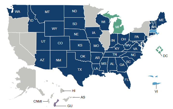 Map of the United States with a color associated to the state's Nursing Licensure Compact Status.